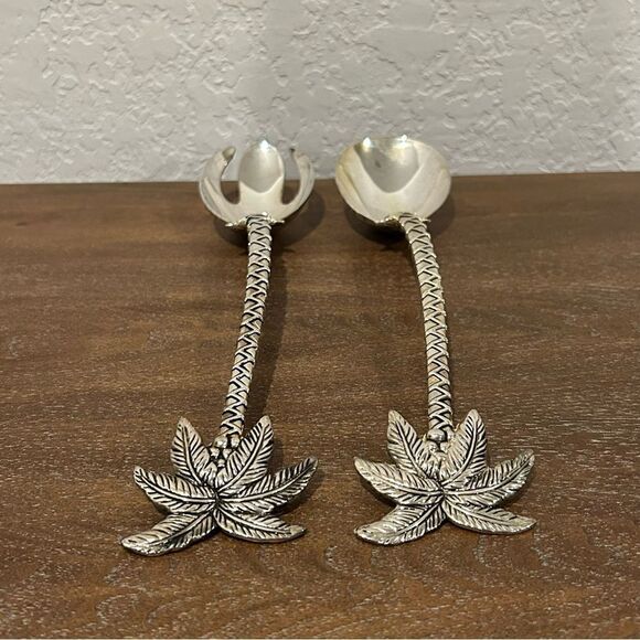 Tropical Palm Tree Silver Plate Serving Salad Fork & Spoon Set - Picture 1 of 4